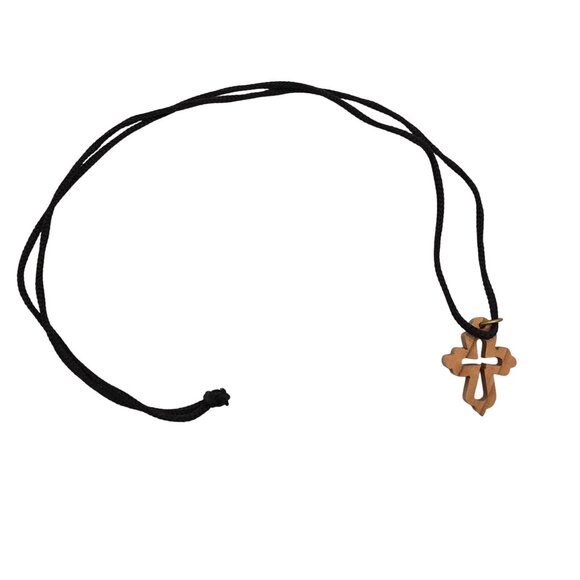 Religious Faith Jewelry Necklace Wooden Cross Charm Black Corded Rugged Ornate - Picture 1 of 4